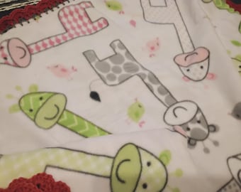 Baby Blanket With Crochet Pink Shell Ruffle - Girl - Pink Animals - Giraffe