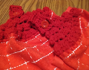 2 Hanging Kitchen Dish Towels with Tops Towel Set Red Crochet Handmade