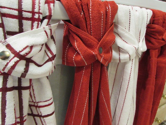 Hanging Hand Kitchen Towel Red White Snap Stripe Plaid Solid