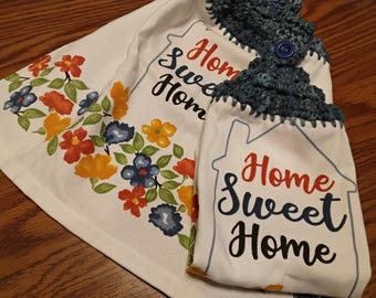 HOME Sweet Home Hanging Kitchen Dish Towels with Crochet Tops Towel Set Blue Handmade