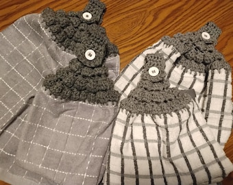 Set of 2 Hanging Kitchen Dish Towels with Tops Towel Set Gray, White Crochet Handmade