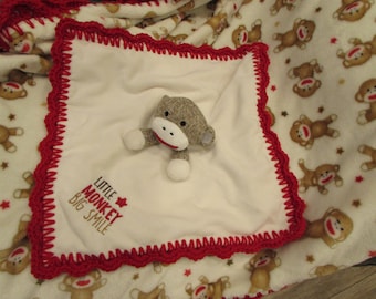 Baby Blanket & Baby Lovey Snuggler With Crochet Red Shell Ruffle - plush polyester fleece - Sock Monkey - Baby Girl or Boy