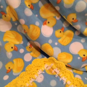 Baby Blanket Duckies Print Fleece With Bright Yellow Shell Crochet Edge