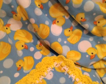 Baby Blanket Duckies Print Fleece With Bright Yellow Shell Crochet Edge