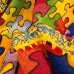 Baby Blanket Puzzle Piece Bright Colors With Crochet Edge - Autism Awareness