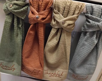 Hanging Hand Kitchen Towel Blue, Green, Tan, Orange, Beige Snap, Solid Dish Towel 16"x26" Blessed, Family, Thankful, Grateful
