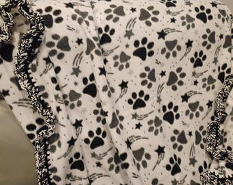 Dog Paw Prints Fleece Throw Blanket - Black and White with Crochet Edging