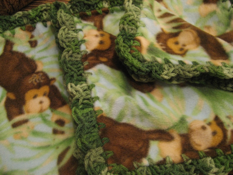 Fleece With Jungle Monkeys Boy Baby With Green Shell Crochet Edge Baby Blanket