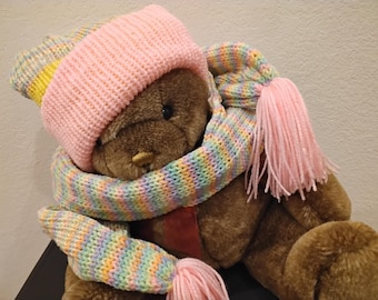 Scarf and Hat Set - Two Layer - Reversible Beanie - Pink, Yellow, Blue Color Block - Warm Winter Knit - Large