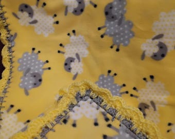 Baby Blanket With Crochet Yellow Ruffle - Girl, Boy - Yellow With White Sheep, Gray Lambs