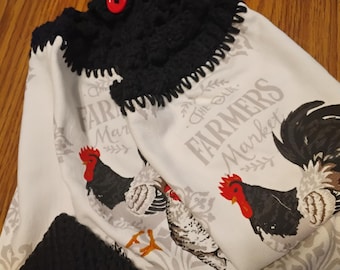 Hanging Kitchen Dish Towels with Crochet Tops Towel Set Red, Black, Gray Rooster, Chicken Handmade