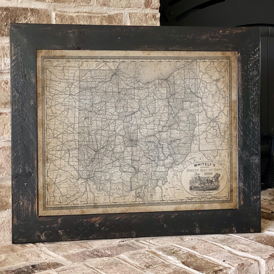 Framed Ohio State Map, Vintage Ohio Wall Art, Antique Style County Map ...