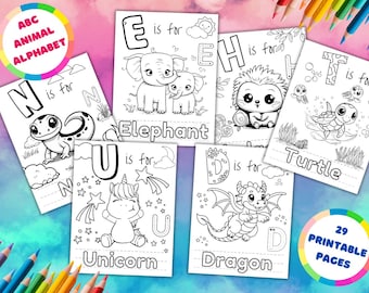ABC animaux, pages de coloriage, alphabet animaux éducatifs à colorier, idées cadeaux, activité préscolaire et maternelle, téléchargement immédiat, PDF,