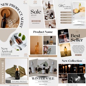 Puede incluir: Una colección de publicaciones en redes sociales para promocionar productos de perfume y fragancia. Las publicaciones presentan imágenes de botellas de perfume, flores y texto que dice "Alerta de nuevo producto", "Venta", "Nombre del producto", "Mejor vendedor", "Nueva llegada", "Producto destacado", "Venta de invierno" y "Nueva colección".