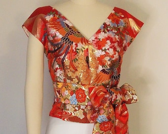 Dress top with vintage red wedding KIMONO OBI bow sash SAKURA cherry blossom phoenix gold brocade spring flower ready to ship