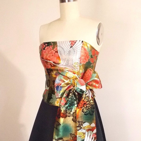 KIMONO wedding dress halter neck vintage silk UCHIKAKE gold brocade crane peony chrysanthemum flowers size 8 10 made to order main image 0