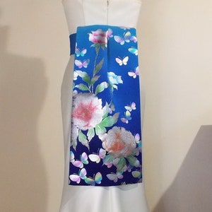 KIMONO OBI sash medium tail pre tied Wedding Vintage silk crape OBI Blue gradation Sky Royal Navy Silver Butterfly Peony ready to ship