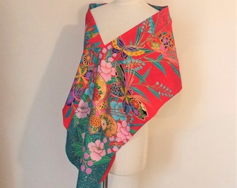 Vintage KIMONO shawl wedding FURISODE silk CHIRIMEN ruby teal butterfly flowers gold aqua made to order