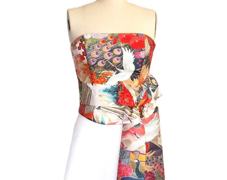 KIMONO wedding dress top bustier Lace up back made with vintage silk UCHIKAKE multi-color silk gold brocade made to order