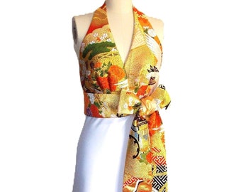 KIMONO dress halter neck vintage silk UCHIKAKE gold brocade crane peony chrysanthemum flowers size 8 10 made to order