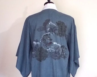 Men's JUBAN vintage wool inner KIMONO blue gray SAMURAI style Small ready to ship