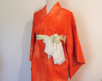 Vintage casual KIMONO silk TSUMUGI orange hand woven square pattern size Medium ready to ship