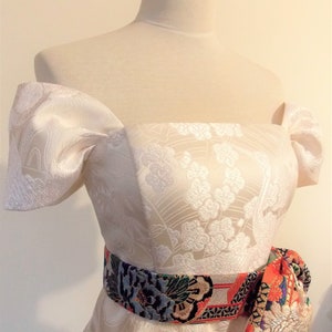 Wedding dress with vintage White KIMONO top OBI bow sash belt Ivory crane chrysanthemum spring flower A line made to order