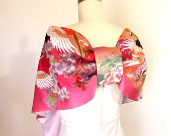 KIMONO Shawl Wedding Vintage UCHIKAKE silk gold brocade Pink Fuchsia gradation crane SAKURA cherry blossom flower size free made to order