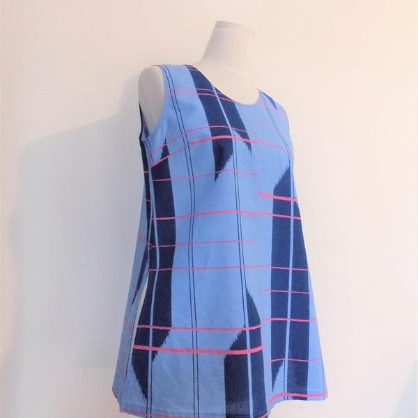 KIMONO sleeveless top blouse tunic A line with vintage cotton summer YUKATA sky blue pink ready to ship