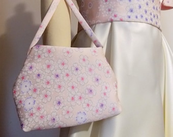 KIMONO Purse pink silk crape SAKURA cherry blossom lilac lavender flower ready to ship