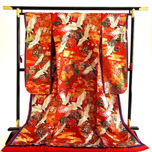 UCHIKAKE Wedding Kimono robe JUNI-HITOE red gold sakura cherry blossom crane multi color chrysanthemum flowers size free Ready to ship