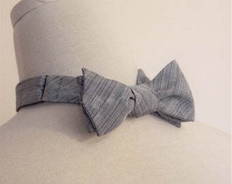 Men's bow tie self tie KIMONO silk crape KAMON family crest pattern blue grey ivory fits 11 -18 inch ready to ship