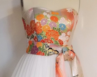 KIMONO Tulle dress silver apricot  Kimono top lace up tulle skirt OBI bow sash wedding ball gown prom ivory orange white crane made to order