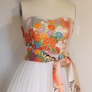 KIMONO Tulle dress silver apricot  Kimono top lace up tulle skirt OBI bow sash wedding ball gown prom ivory orange white crane made to order