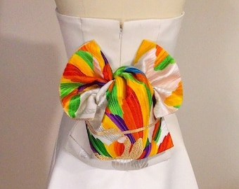 KIMONO OBI sash bow pre tied Wedding Vintage silk gold brocade OBI Rainbow peacock ivory gold silver pink ready to ship