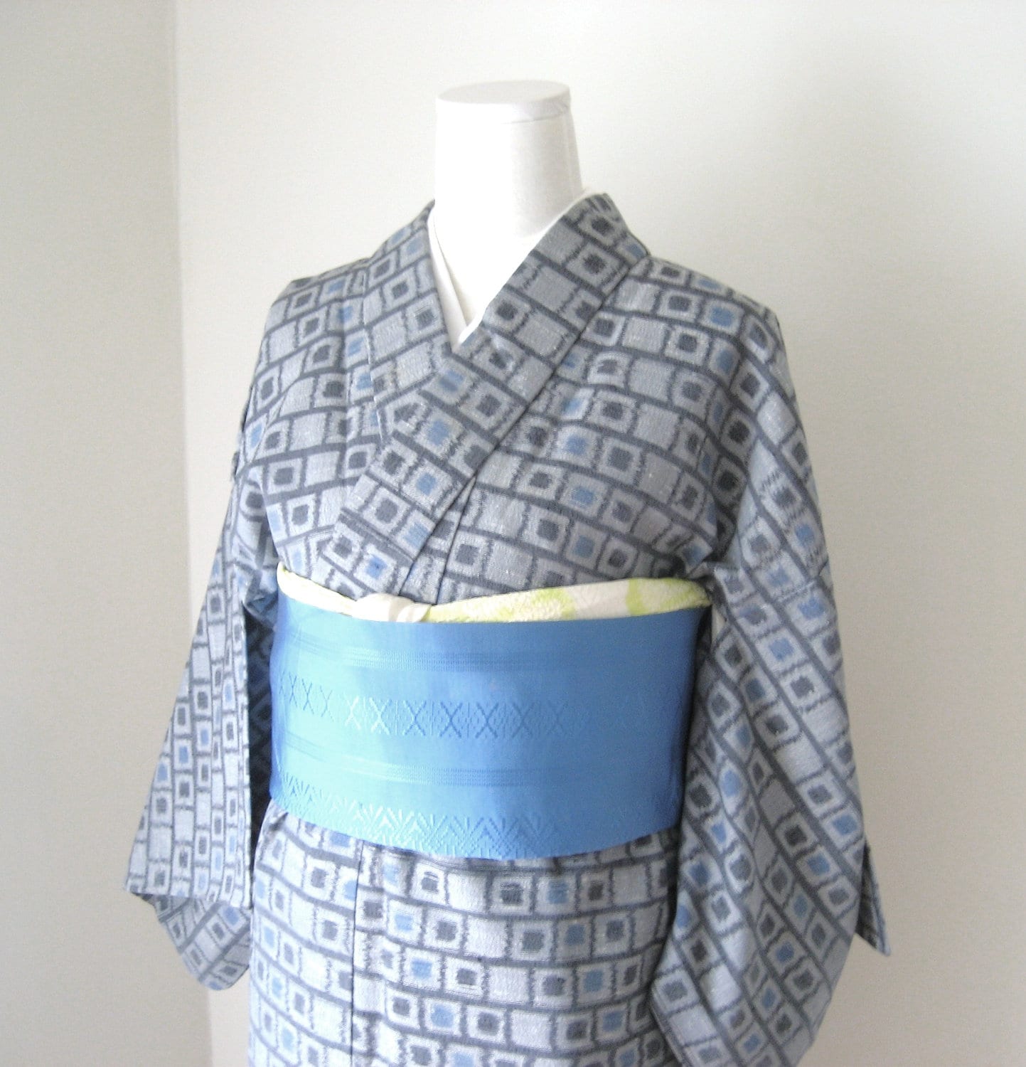 Vintage KIMONO Casual Cotton Cubic Dot Motif Grey Blue Size