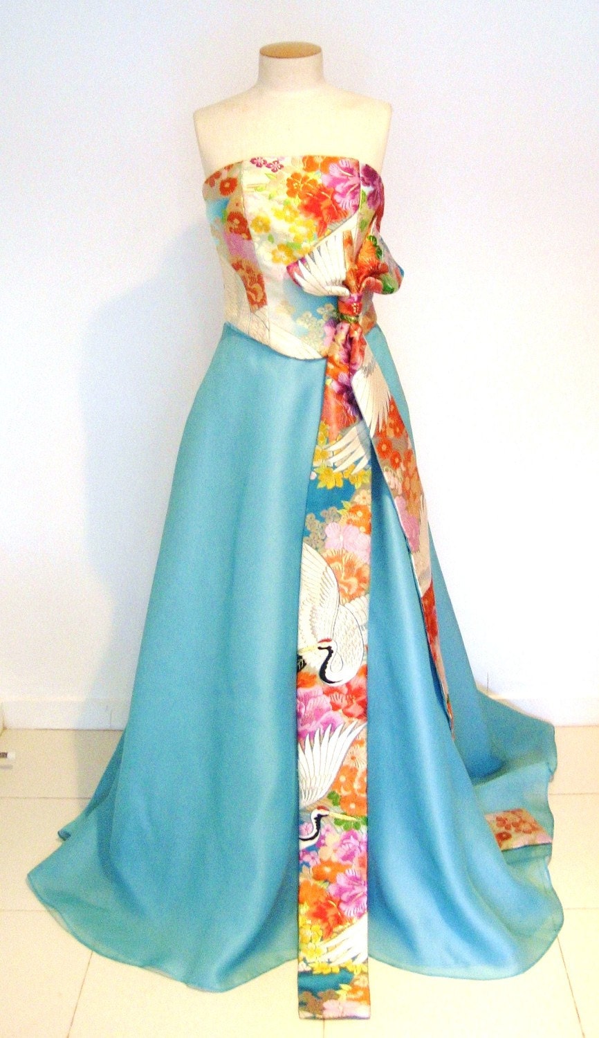 Vintage Silk KIMONO Wedding Dress Crane and Flowers Blue Pink | Etsy