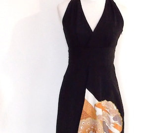 Vestido KIMONO vintage TOMESODE kimono formal negro GEISHA bordado pavo real dorado lazo obi naranja blanco cuello halter hecho a pedido