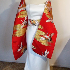 KIMONO OBI sash Wedding Vintage UCHIKAKE self tie silk gold brocade orange copper gold crane peony yellow red green ready to ship