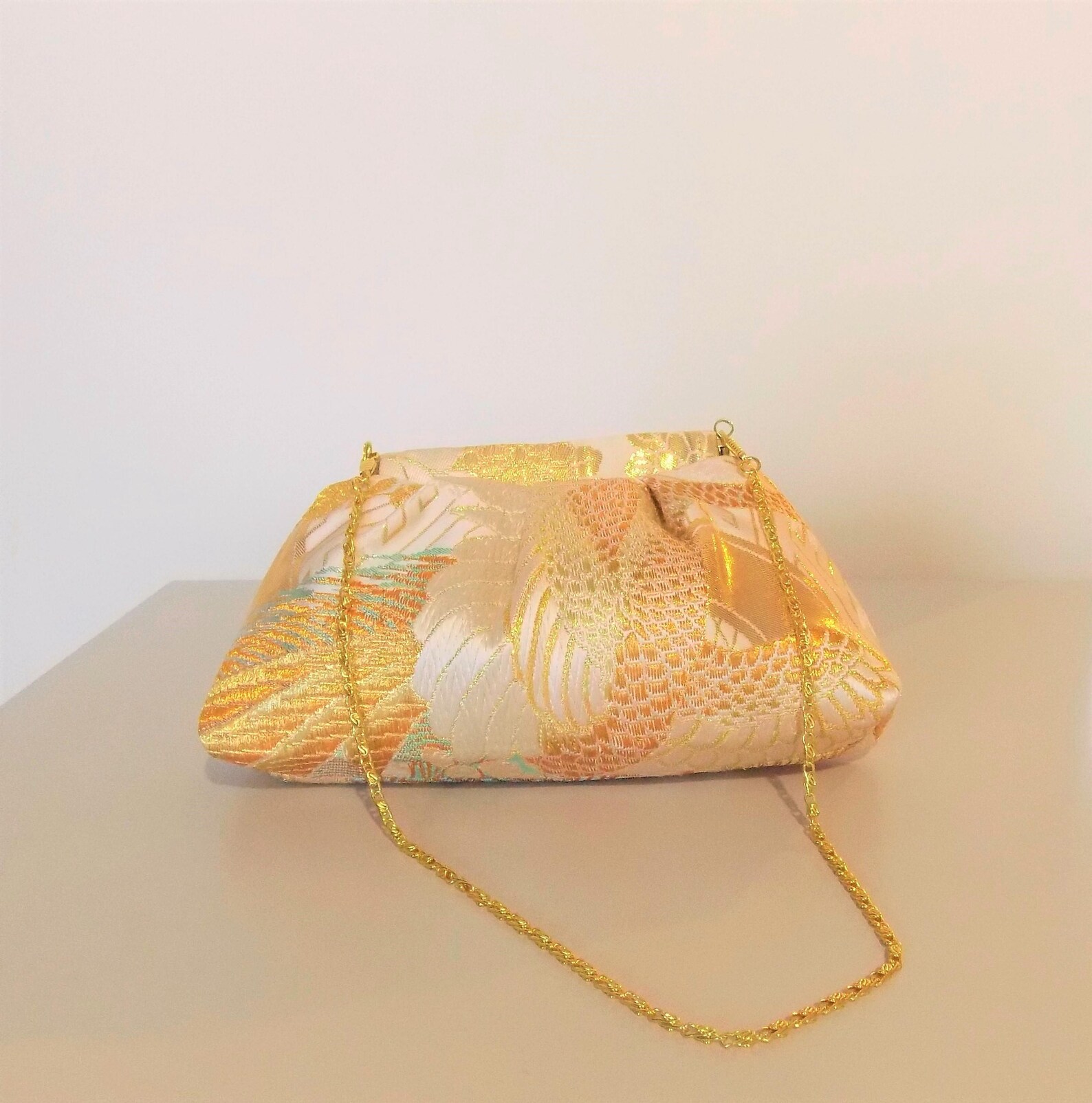 Wedding Purse with OBI gold brocade peacock feather gold beige ivory pink white blue purple green hand bag ready to ship