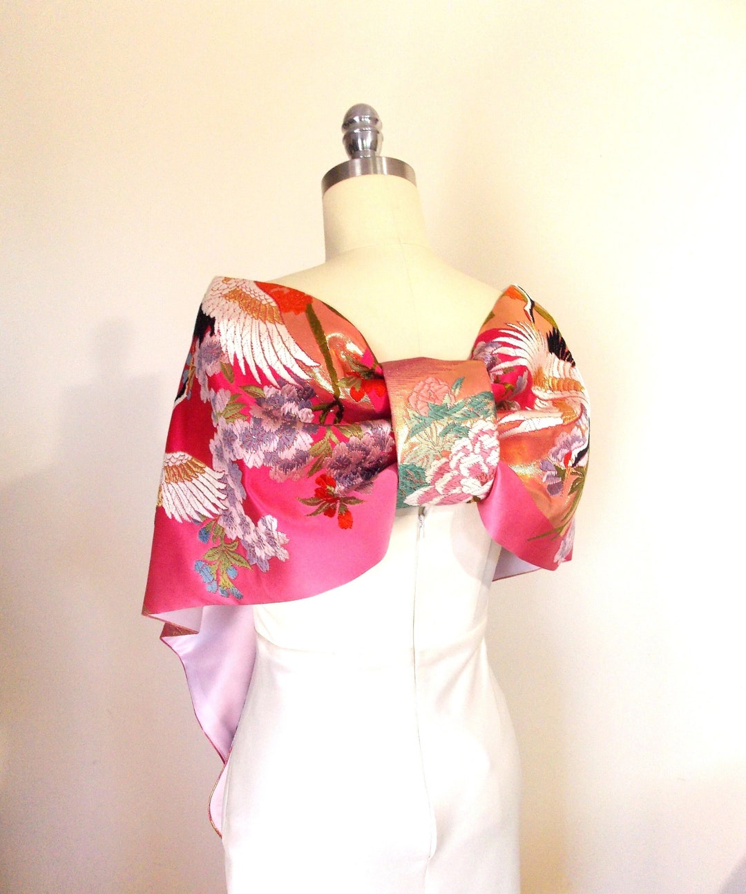 KIMONO Shawl Wedding Vintage UCHIKAKE silk gold brocade red gold pink SAKURA cherry blossom crane flower made to order