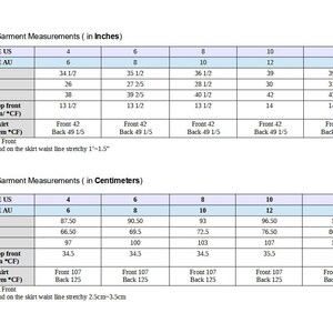 Puede incluir: Un gr&aacute;fico que muestra las medidas de prendas terminadas en pulgadas y cent&iacute;metros para las tallas 4, 6, 8, 10 y 12. El gr&aacute;fico incluye medidas para el busto, la cintura, la cadera, la longitud desde el cuello hasta el dobladillo y la longitud de la falda desde la cintura hasta el dobladillo. El gr&aacute;fico tambi&eacute;n incluye el tama&ntilde;o en tallas de EE. UU. y australianas.