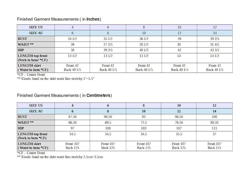 Puede incluir: Un gr&aacute;fico que muestra las medidas de prendas terminadas en pulgadas y cent&iacute;metros para las tallas 4, 6, 8, 10 y 12. El gr&aacute;fico incluye medidas para el busto, la cintura, la cadera, la longitud desde el cuello hasta el dobladillo y la longitud de la falda desde la cintura hasta el dobladillo. El gr&aacute;fico tambi&eacute;n incluye el tama&ntilde;o en tallas de EE. UU. y australianas.