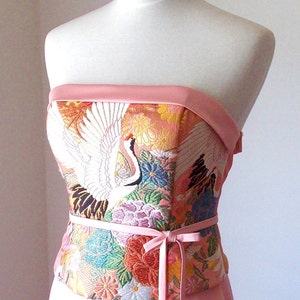 Wedding dress vintage KIMONO GEISHA pink gold brocade crane flower embroidery OBI bow string spring flower belt A line made to order