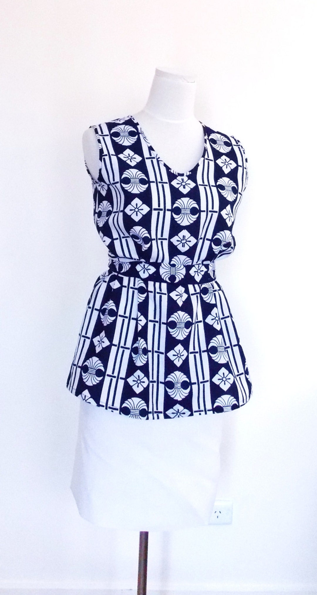 KIMONO Sleeveless Top Blouse Tunic Tank Indigo White KAMON A Line With