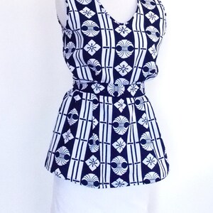 KIMONO sleeveless top blouse tunic tank indigo white KAMON A line with vintage cotton summer YUKATA ready to ship