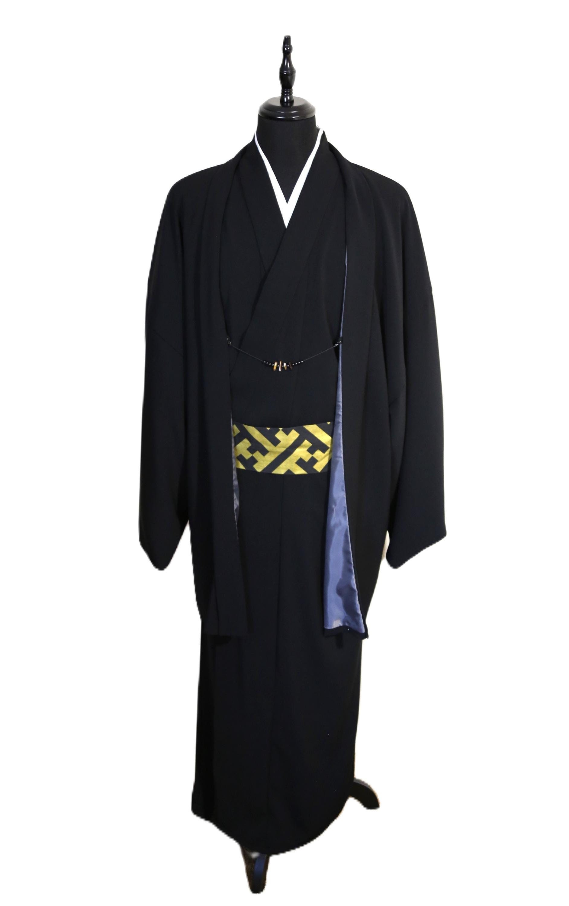 Men's Kimono Haori Set XL Matte Black Crape Back Satin Weave Ready
