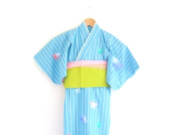 Girl's KIMONO for Summer YUKATA butterfly cotton purple blue stripe OBI tulle 2y-3y 4y-6y ready to ship