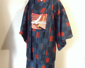 Vintage casual KIMONO HAORI ensemble Oshima TSUMUGI indigo navy blue red size M ready to ship