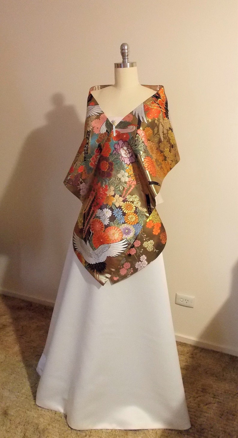 Custom listing for Anna Thank you! KIMONO Shawl Wedding Vintage UCHIKAKE silk gold brocade silver gray white crane peony chrysanthemum plum blossom  size free ready to ship (Copy)